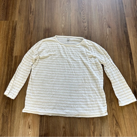 J Crew Womens Linen Tee Long Sleeve Small Ivory Beige Stripe Long Sleeve Relaxed - Picture 1 of 7